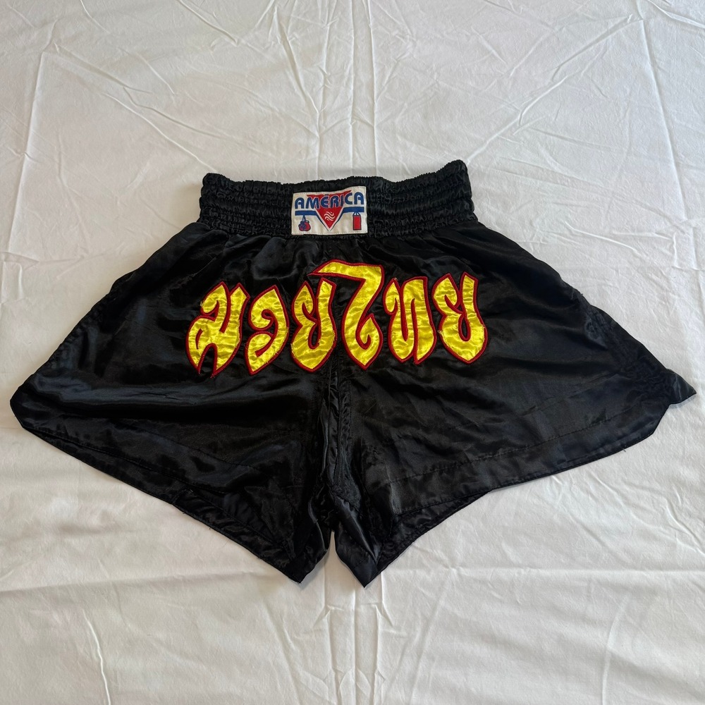 America Muay Thai Kickboxing Shorts Mens Black Satin Yellow Red Embroidery